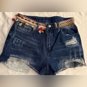 Embroidered Denim Shorts with Fringe